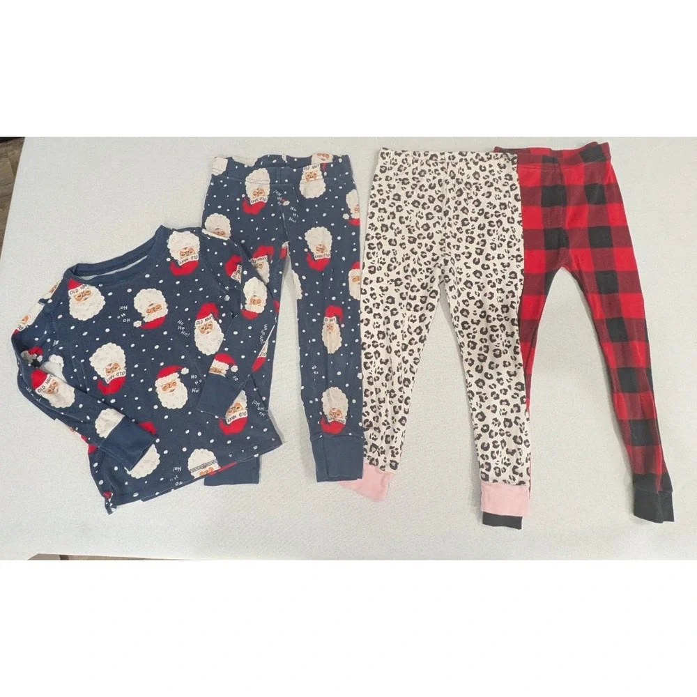 Old Navy Pajama Set & Leggings 5T Kids Navy Santa Red Plaid Pink Leopard 4pc
